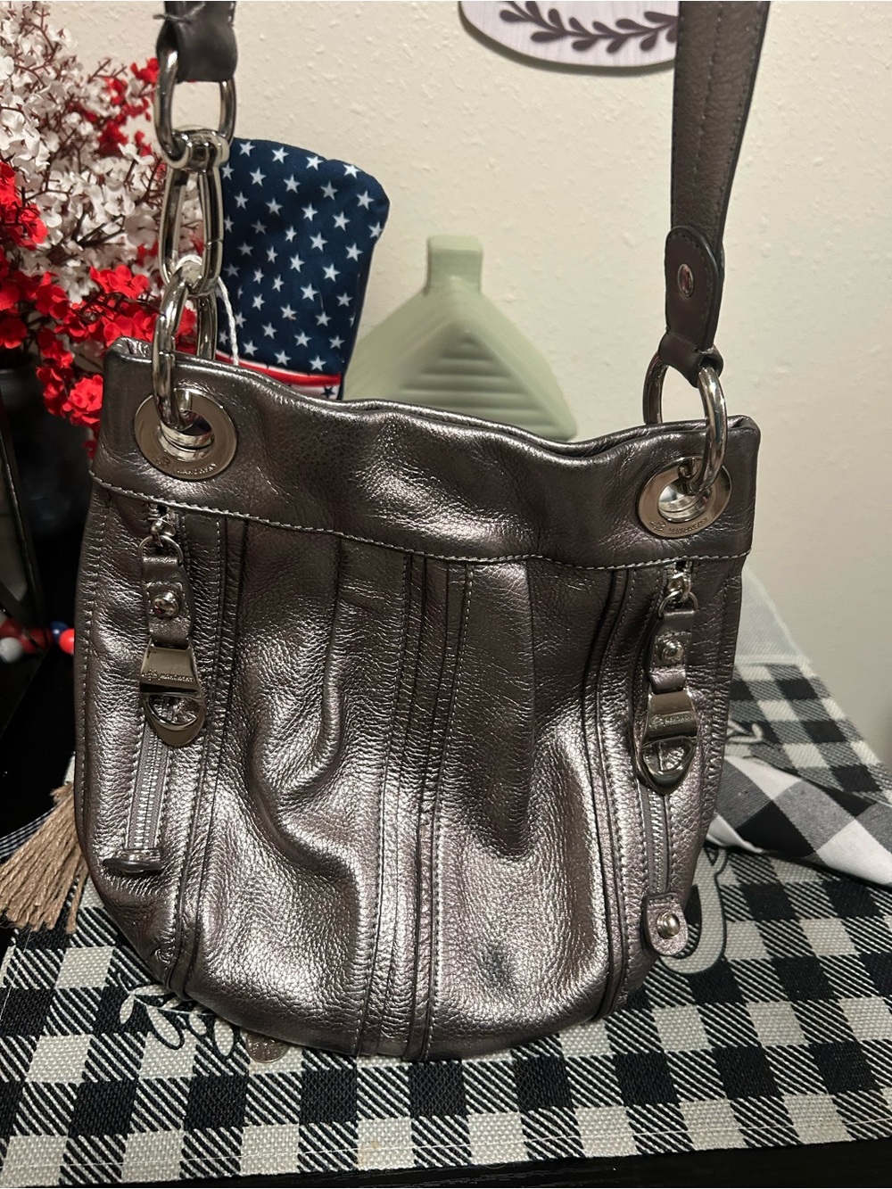 b. makowsky Leather Metallic Silver Pewter Shoulder/Crossbody Bag